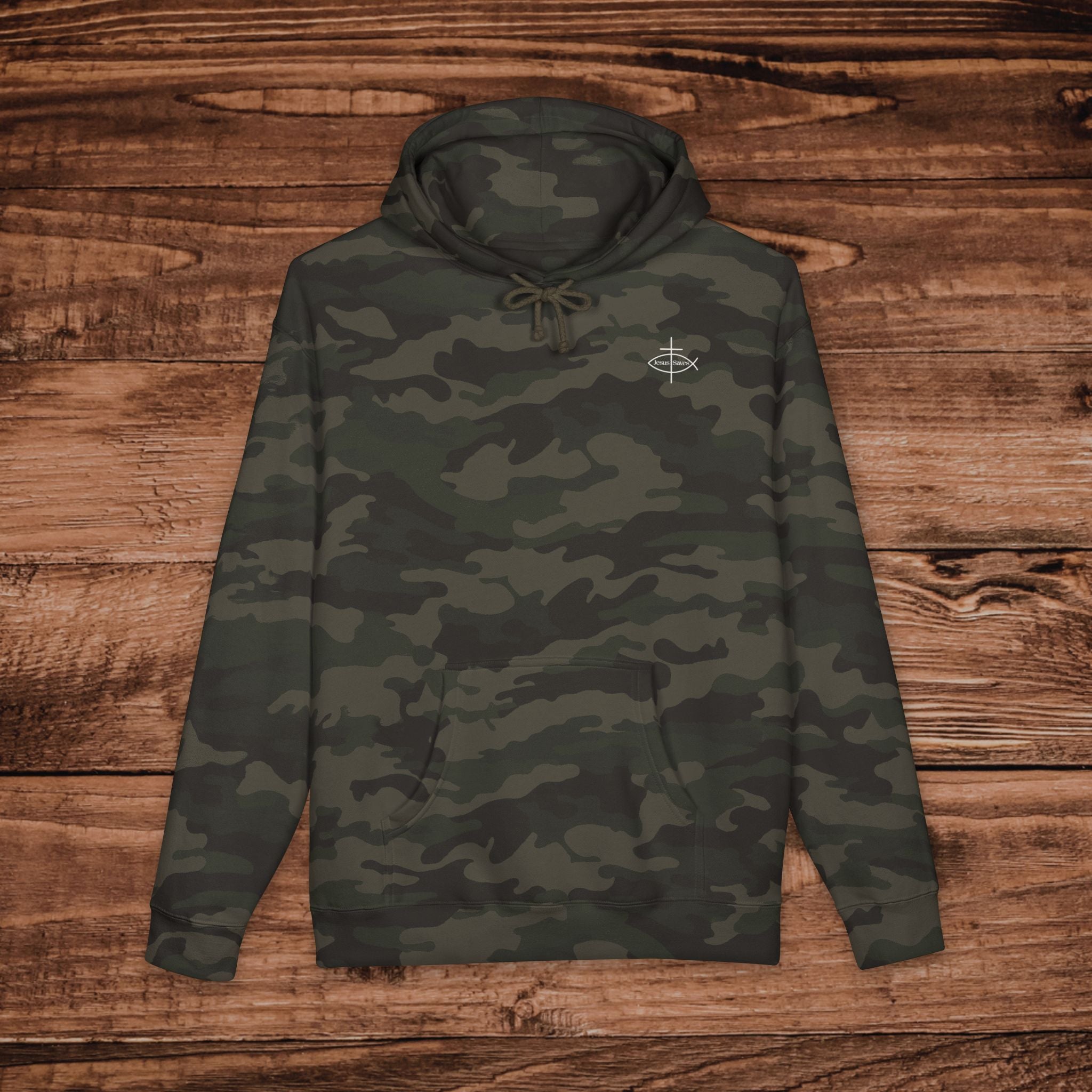 Embroidered Jesus Saves Camo Hoodie, Christian Cross Fish Sweatshirt, Premium Heavyweight Faith Pullover, Aesthetic Camouflage Gospel Hoodie