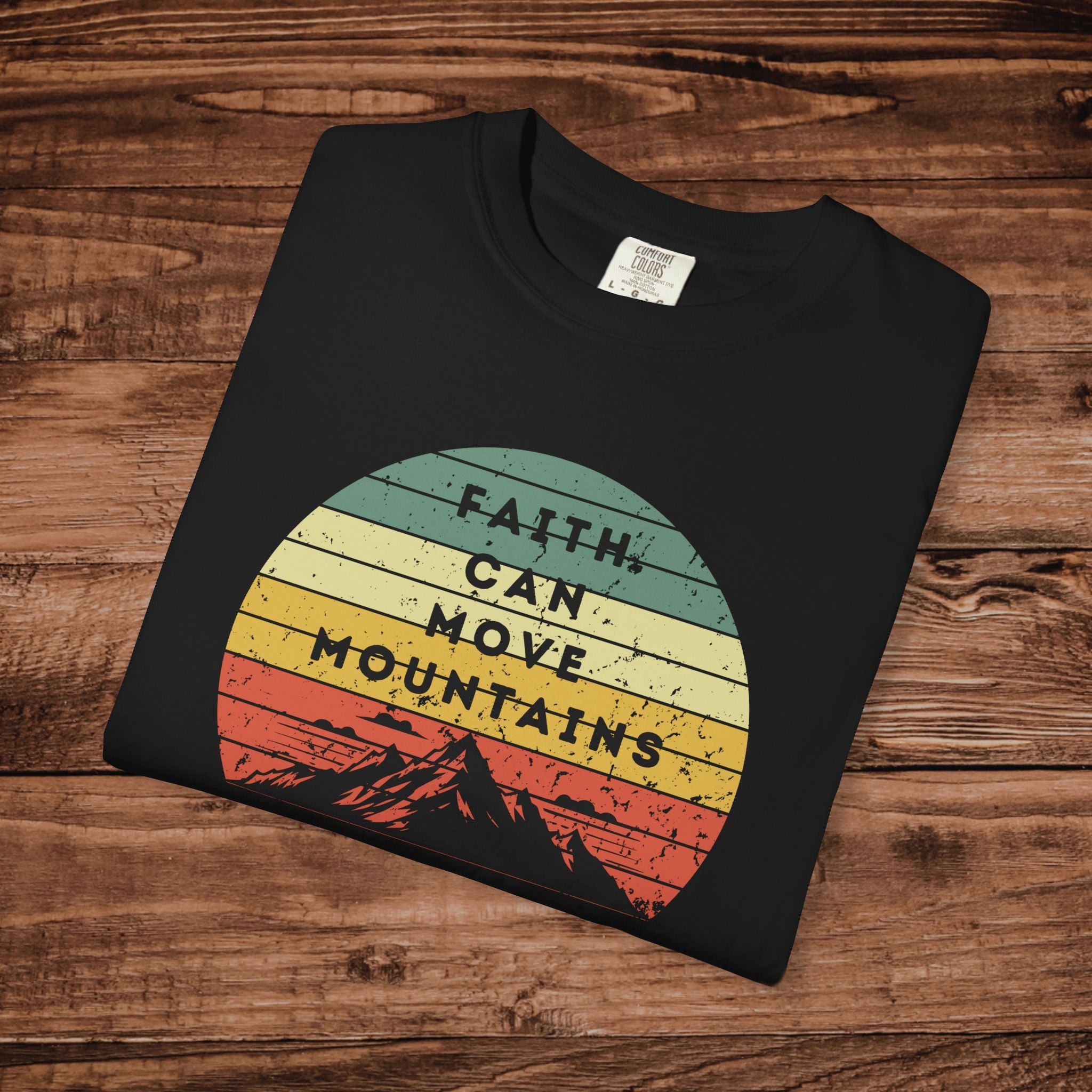 Faith Can Move Mountains tshirt Vintage Sunset Mountain Graphic 100% ring-spun US cotton