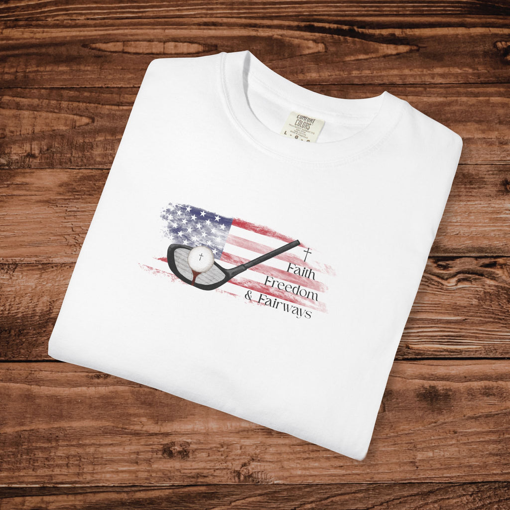 Golf Cross Patriotic Shirt for Men, Patriotic Golf Tee, Christian Golfer Gift, USA Flag Fairways T-Shirt, Minimalist Religious Golf Top
