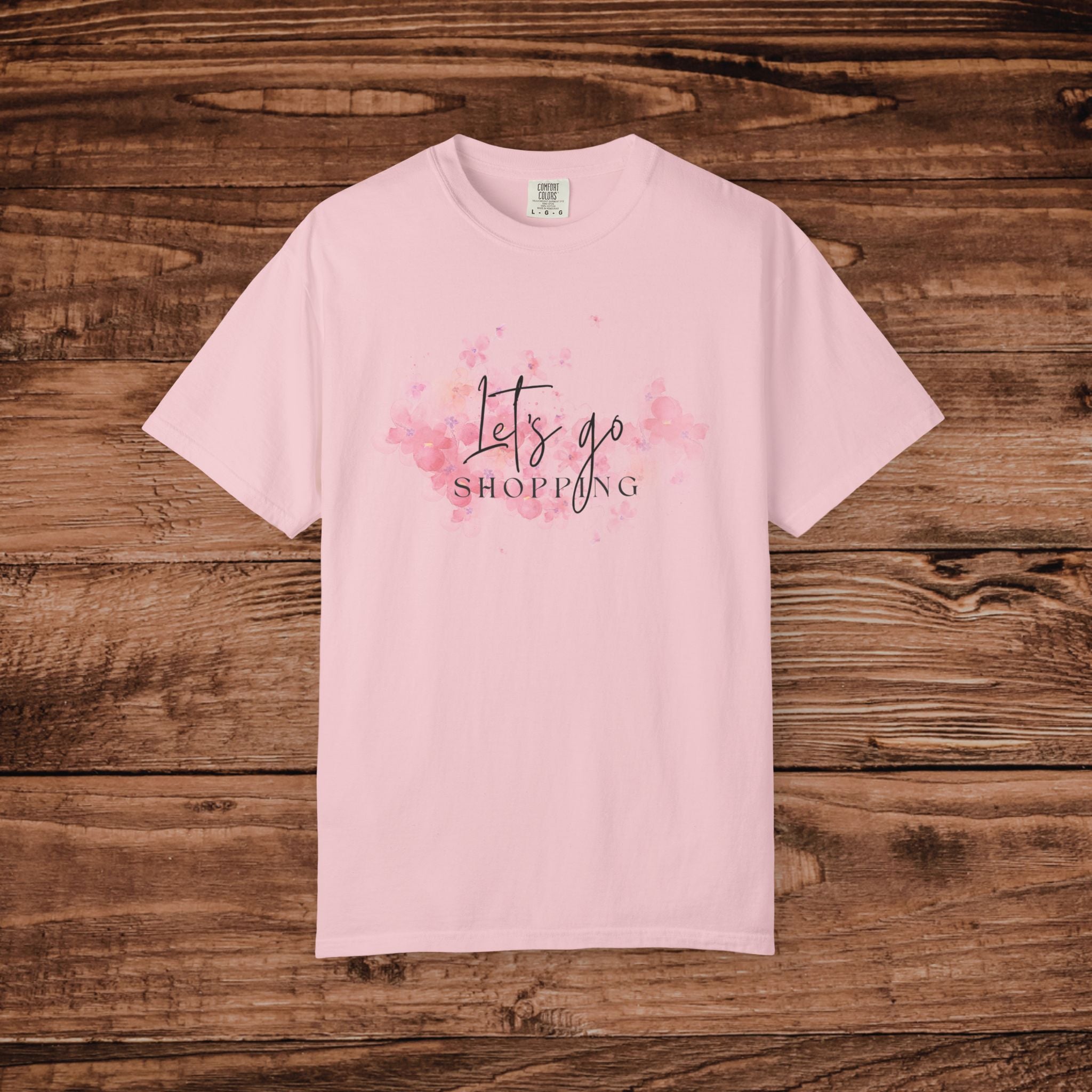 Lets Go Shopping T-shirt | Pink Watercolor Script Tee