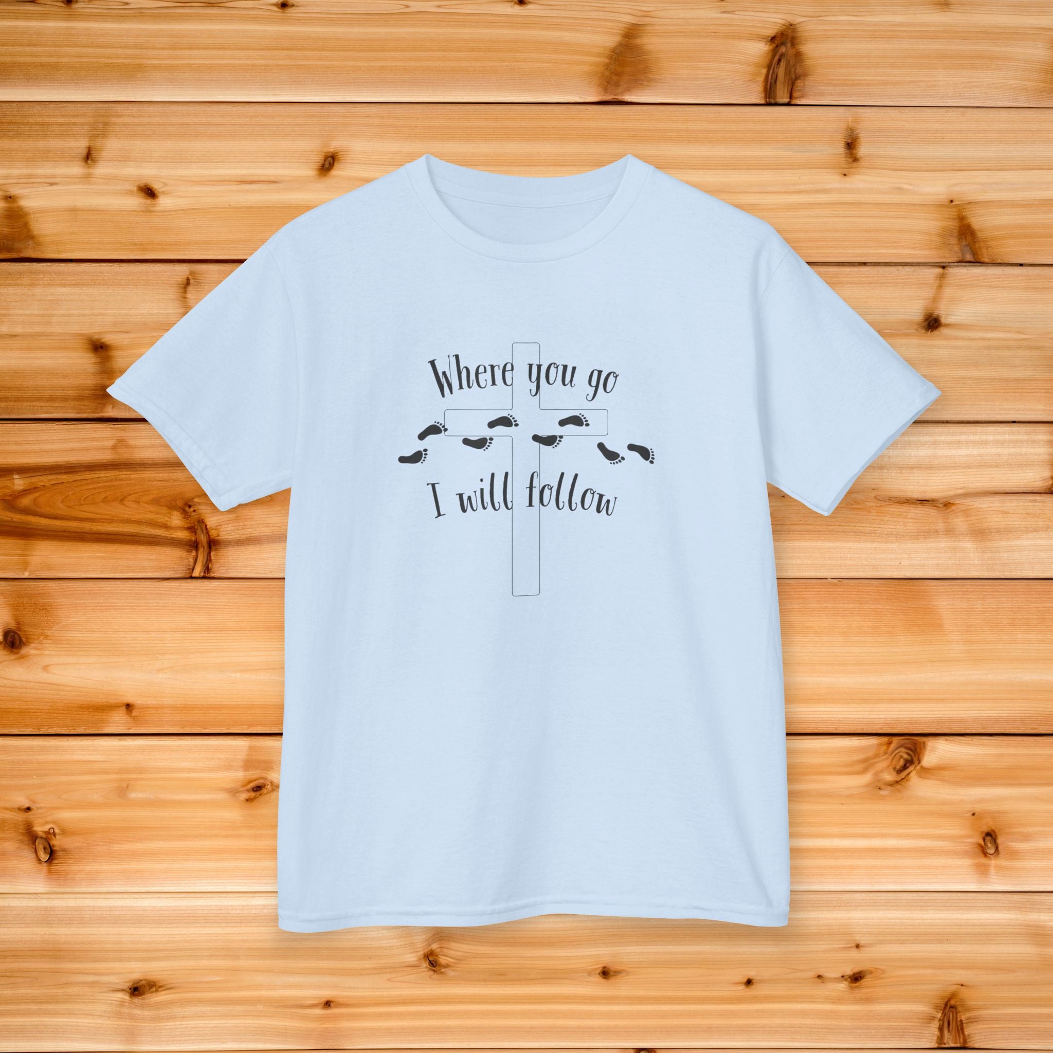 Kids Where You Go I Will Follow Tee, Youth Graphic Tshirt, Footprints design, Christian Kids Tee, Summer Camp Kids tshirt, Follow Jesus Tee