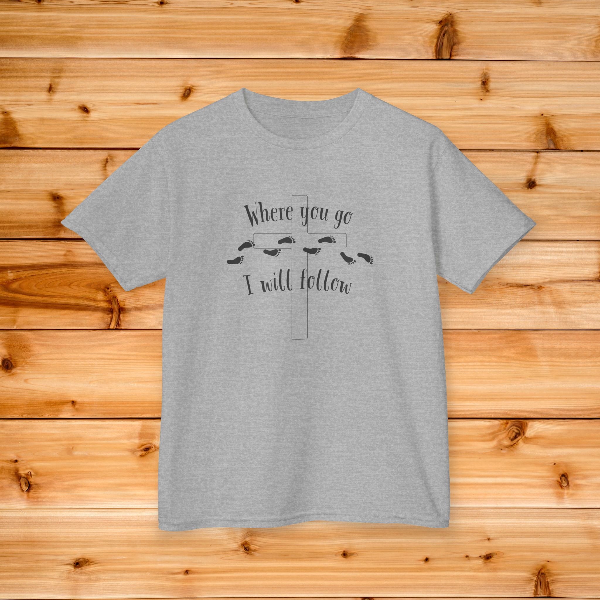 Kids Where You Go I Will Follow Tee, Youth Graphic Tshirt, Footprints design, Christian Kids Tee, Summer Camp Kids tshirt, Follow Jesus Tee