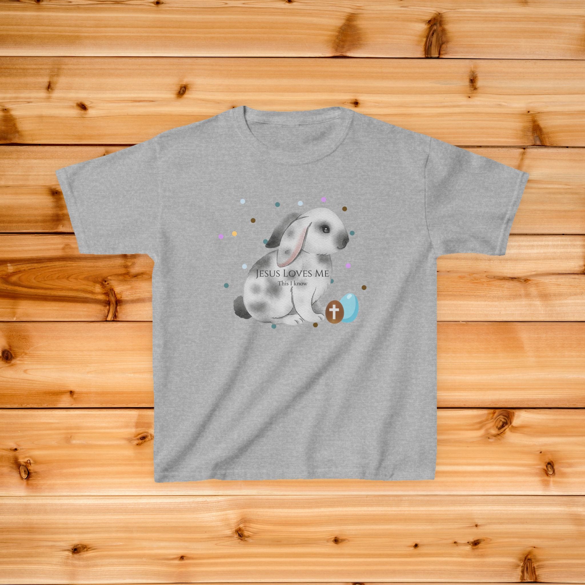 Gray Bunny with Cross Egg Kids Tee | Easter Christian Bunny Shirt