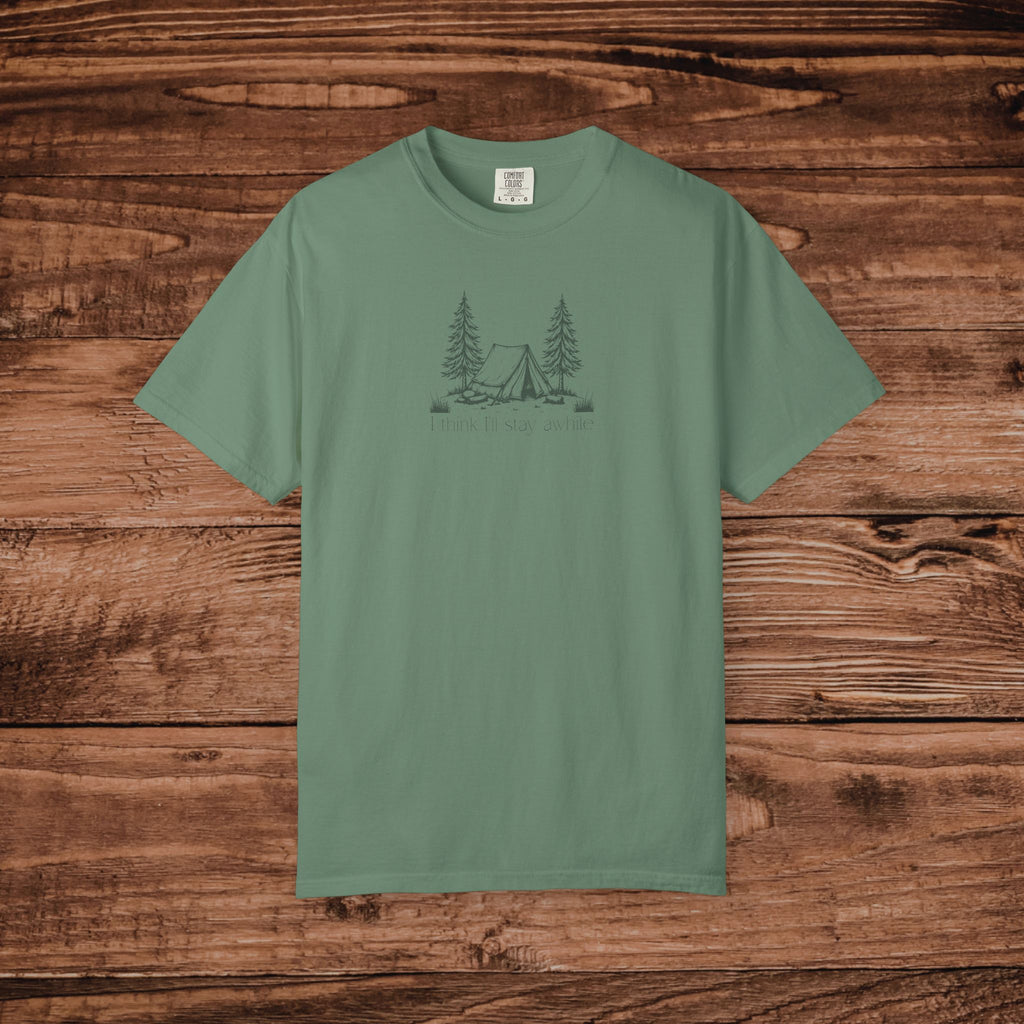 I think I'll stay for awhile, Soft Sketch Camping Tee, Minimal Camping Tent Illustration T-Shirt, Outdoors Tee, Nature Lover Scene Shirt