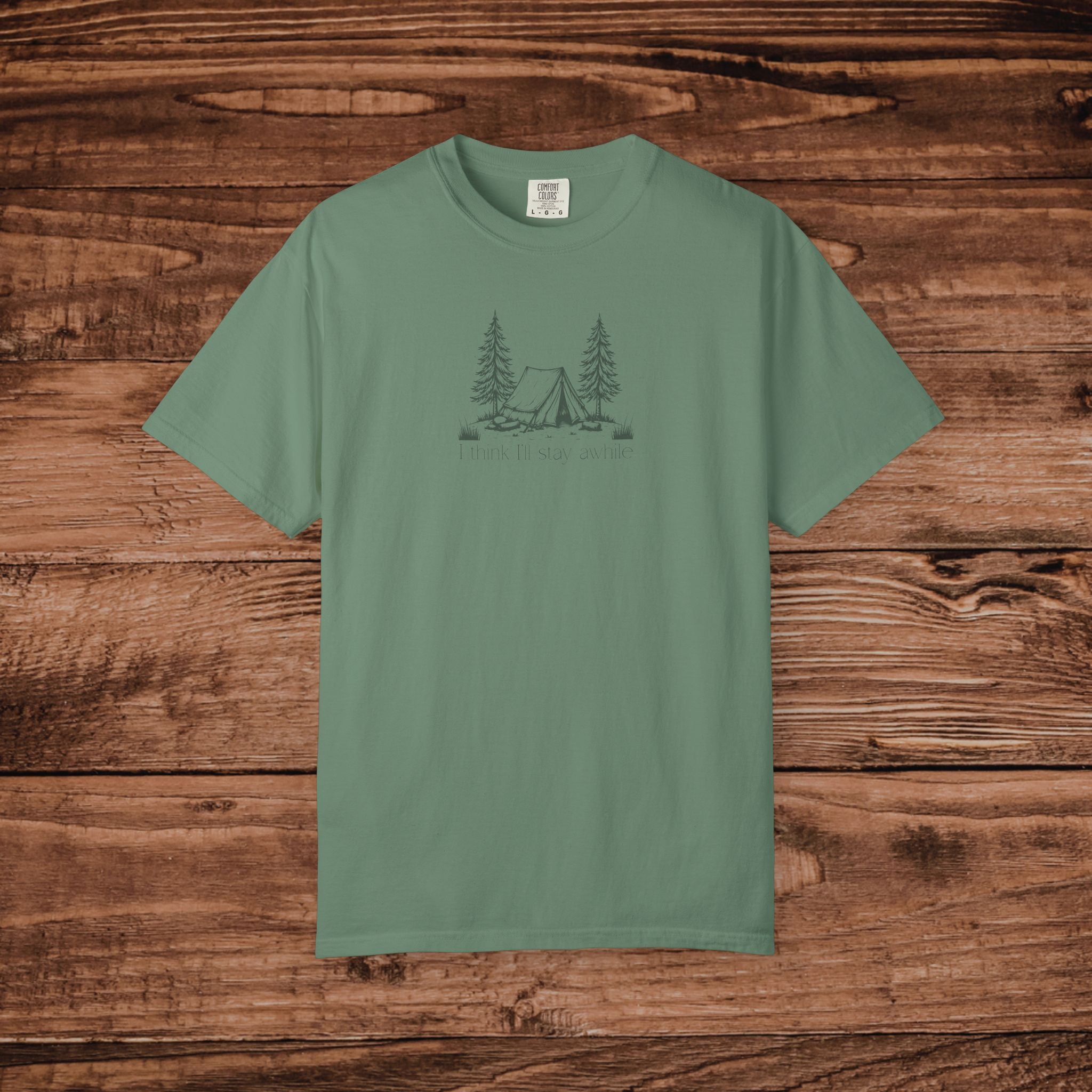 I think I'll stay for awhile, Soft Sketch Camping Tee, Minimal Camping Tent Illustration T-Shirt, Outdoors Tee, Nature Lover Scene Shirt