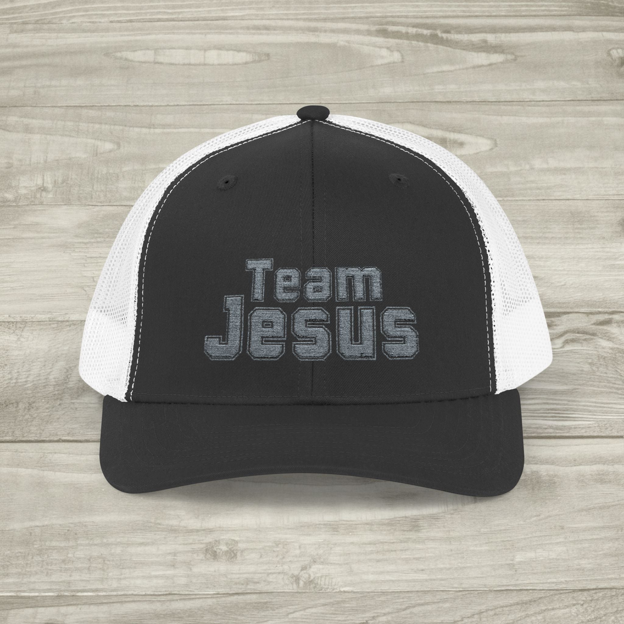 Embroidered Team Jesus Trucker Snapback Hat available in 18 colors