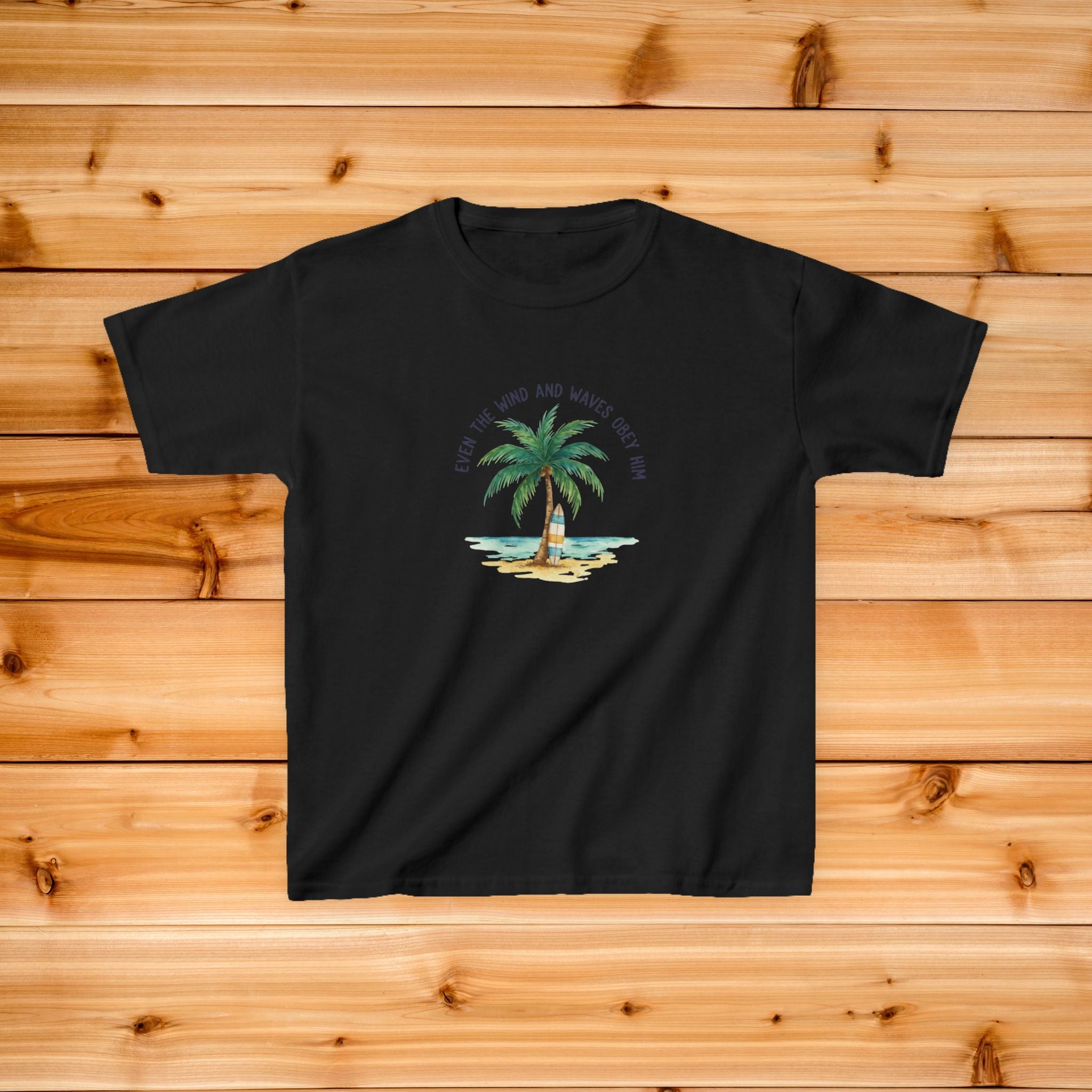 Palm Tree Beach Illustration Kids Tee | Youth Island Vacation Tropical Design