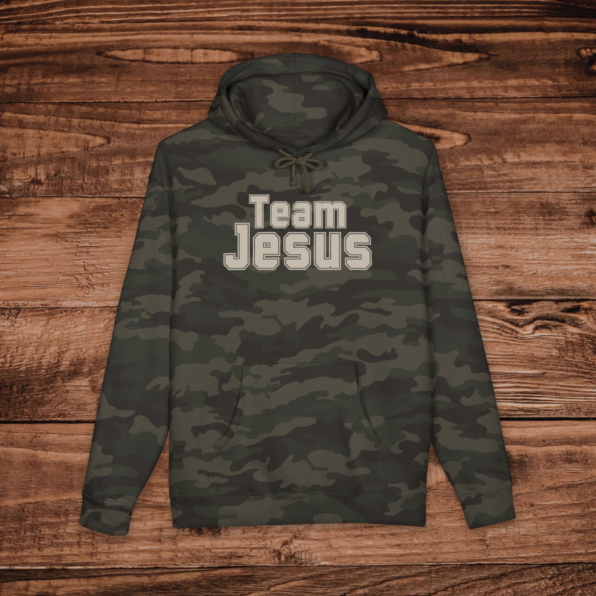 Embroidered Team Jesus Camo Hoodie, Large Print Jesus Sweatshirt, Premium Heavyweight Pullover, Aesthetic Camouflage Gospel Hoodie