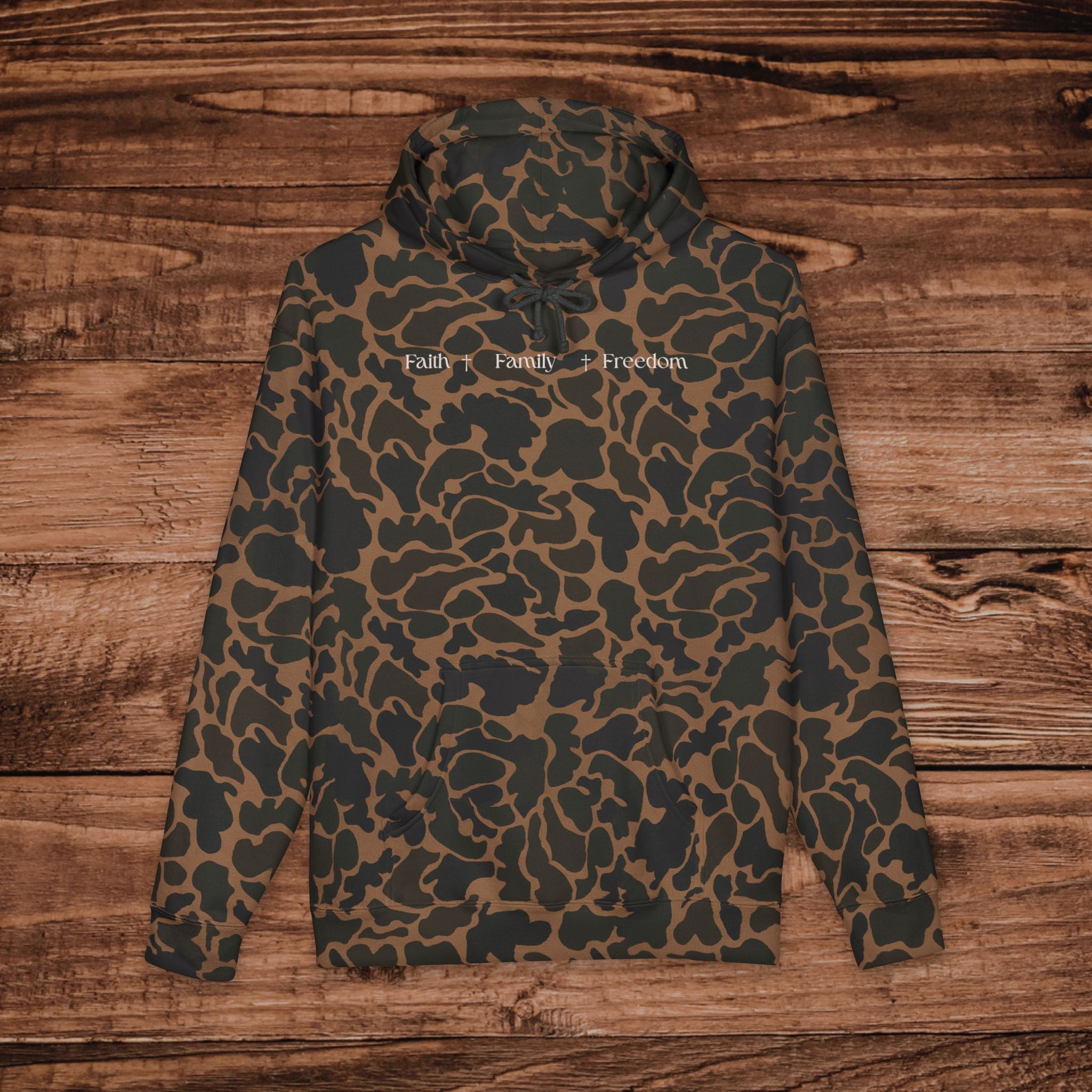 Embroidered Faith Family Freedom Camo Hoodie, Patritoic Sweatshirt, Heavyweight Pullover, Aesthetic Camouflage America Hoodie