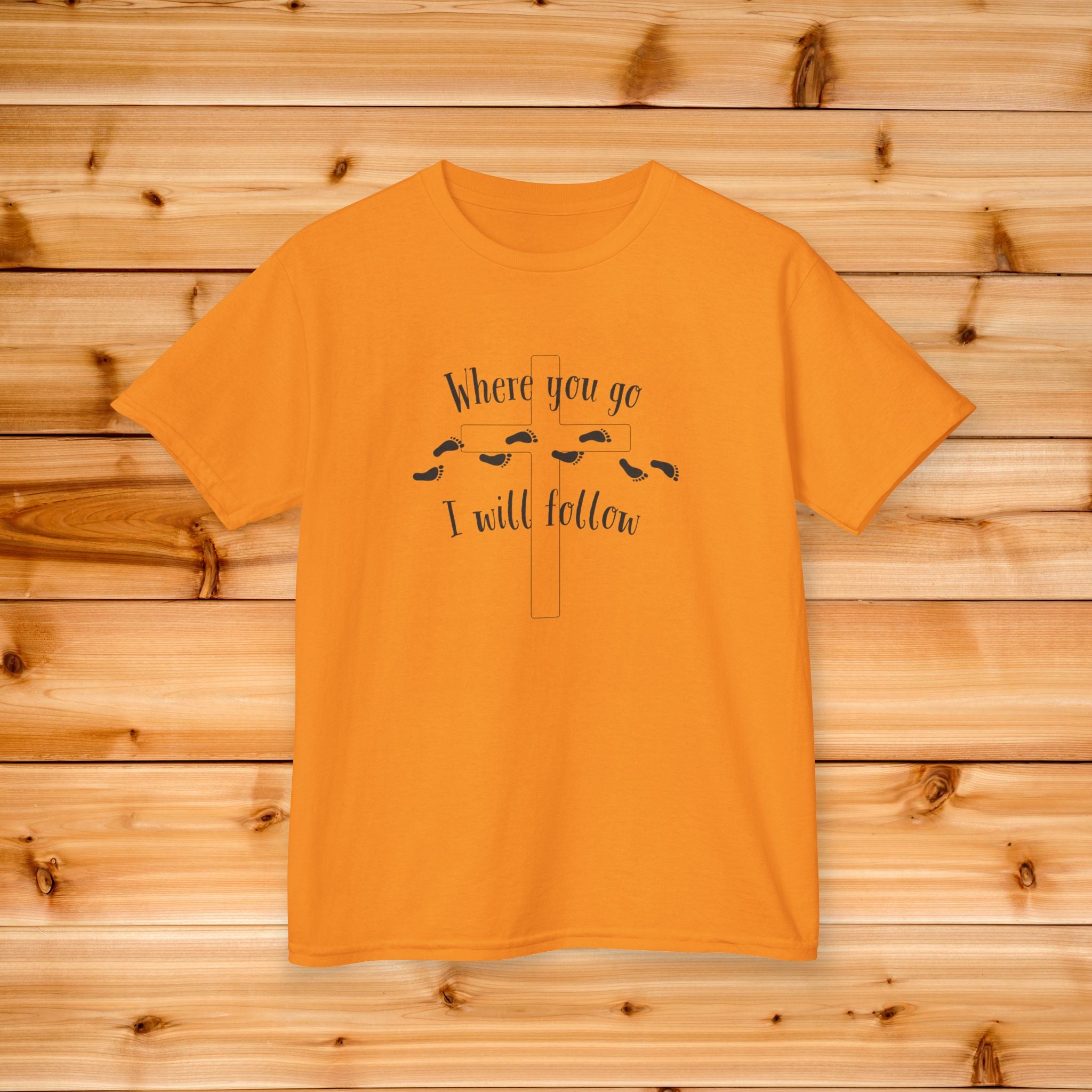 Kids Where You Go I Will Follow Tee, Youth Graphic Tshirt, Footprints design, Christian Kids Tee, Summer Camp Kids tshirt, Follow Jesus Tee