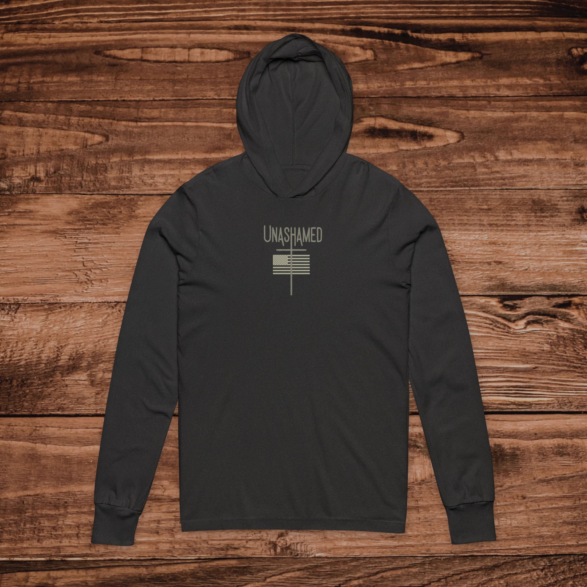 UNASHAMED Cross American Flag Hoodie Tee | Christian Faith Long Sleeve Hoodie