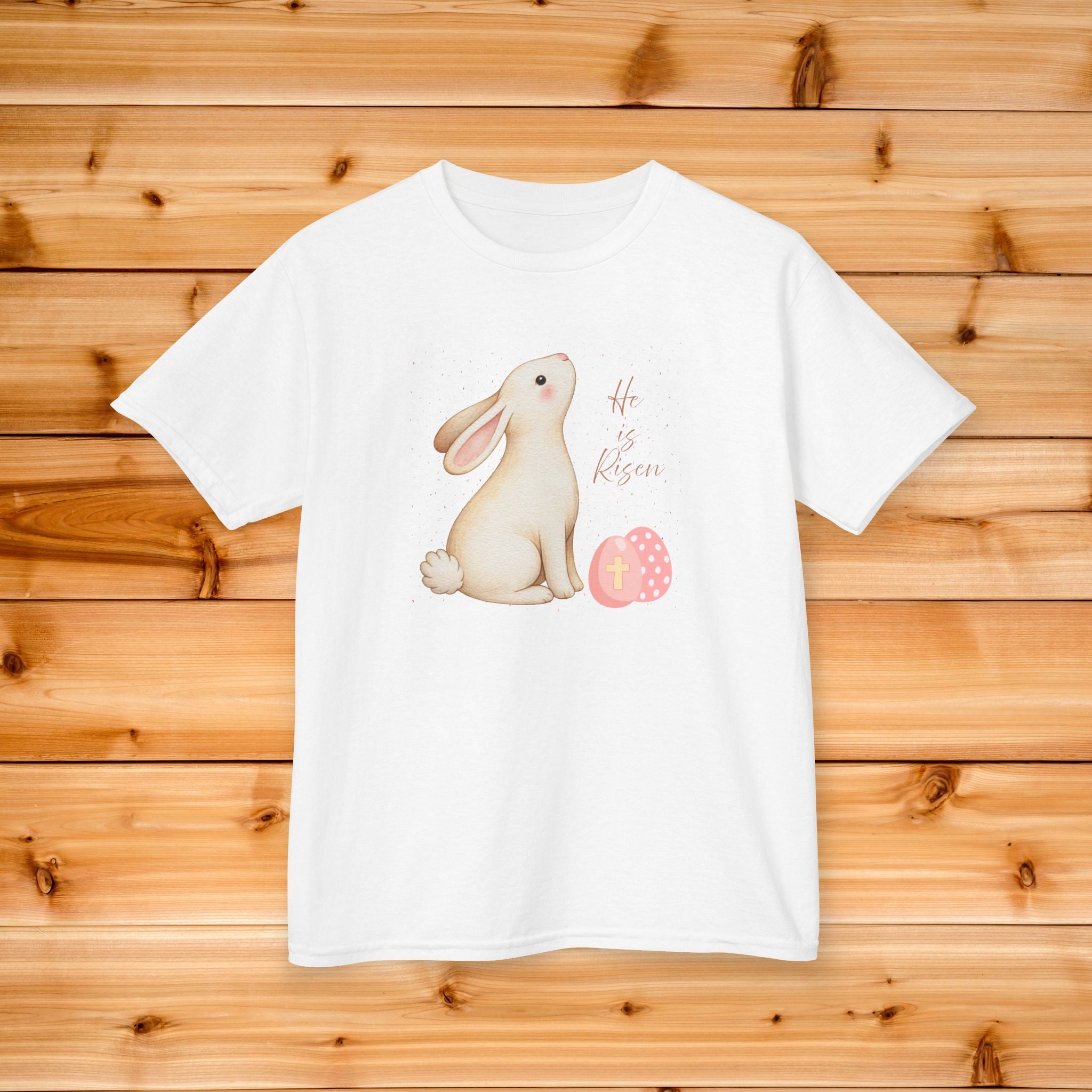 Easter Bunny with Polka Dot Egg Kids Tee | pastel rabbit illustration