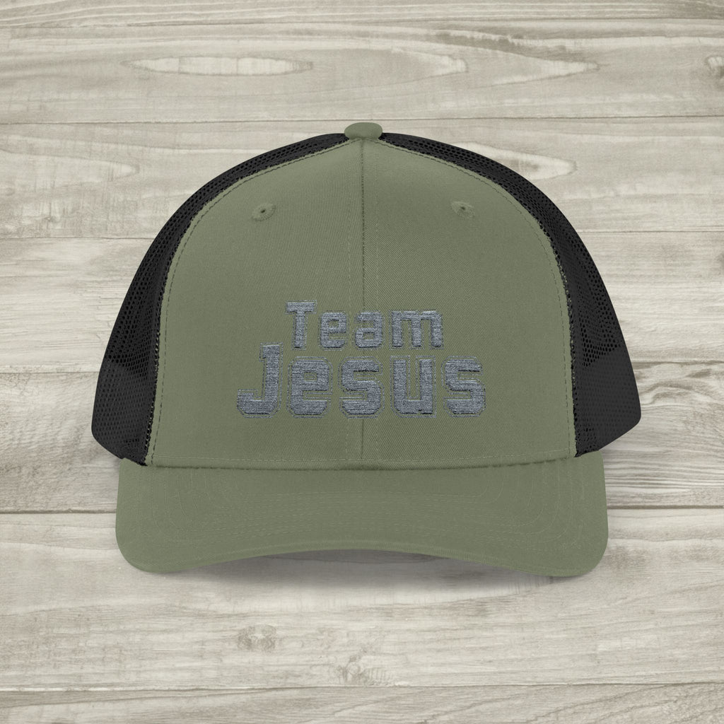 Embroidered Team Jesus Trucker Snapback Hat available in 18 colors