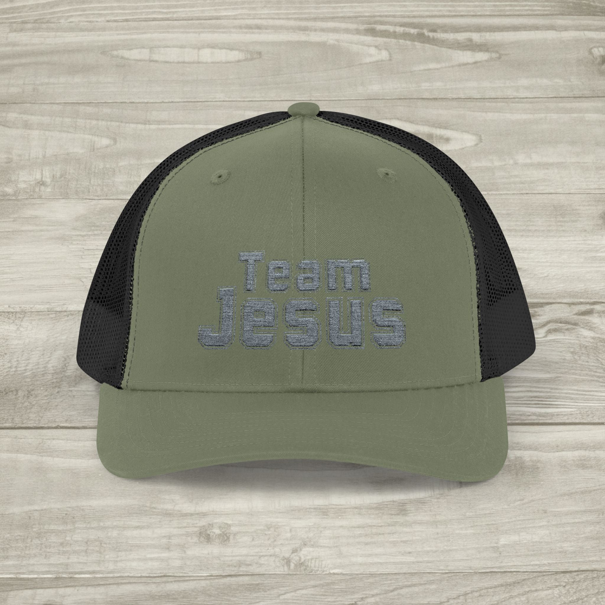 Embroidered Team Jesus Trucker Snapback Hat available in 18 colors