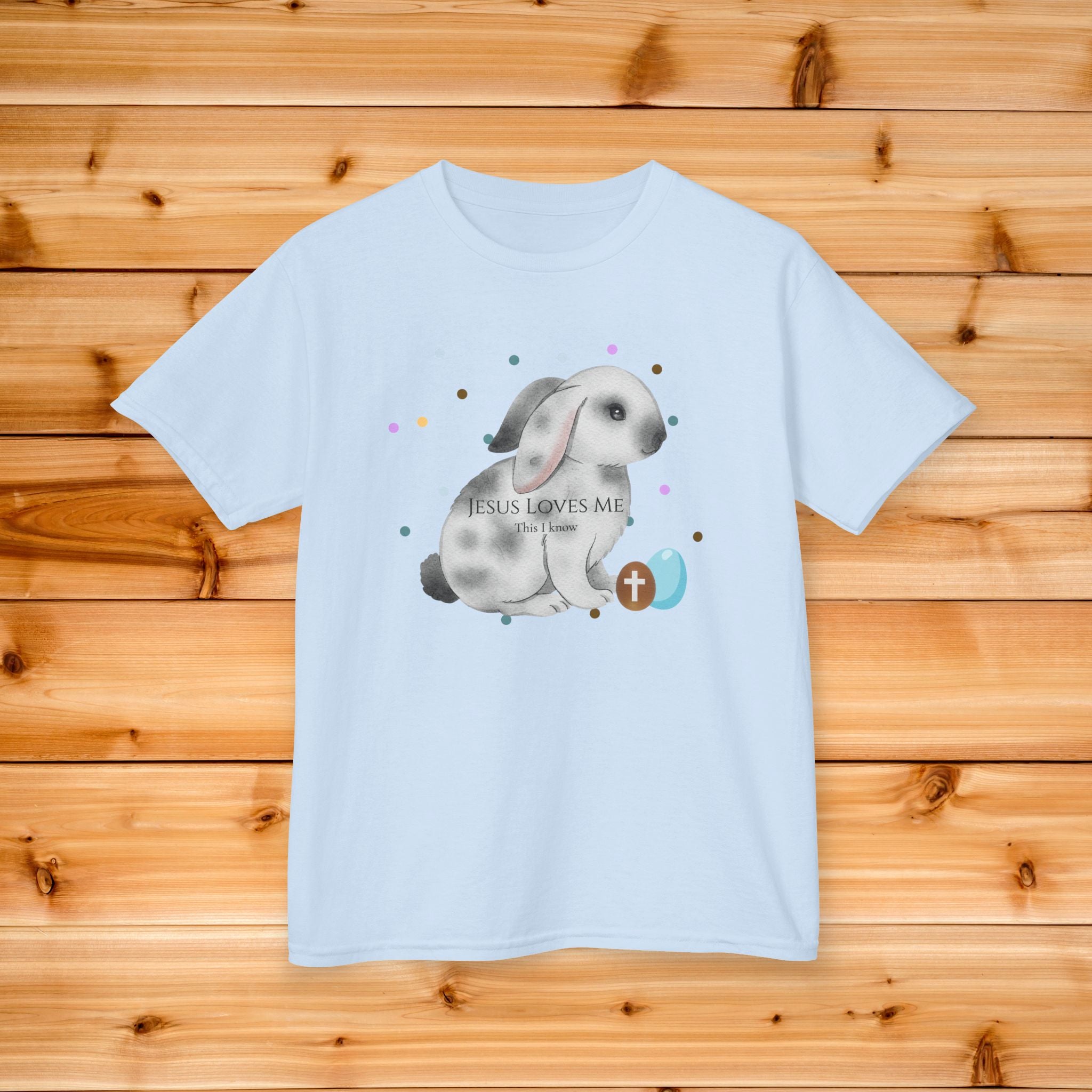 Gray Bunny with Cross Egg Kids Tee | Easter Christian Bunny Shirt