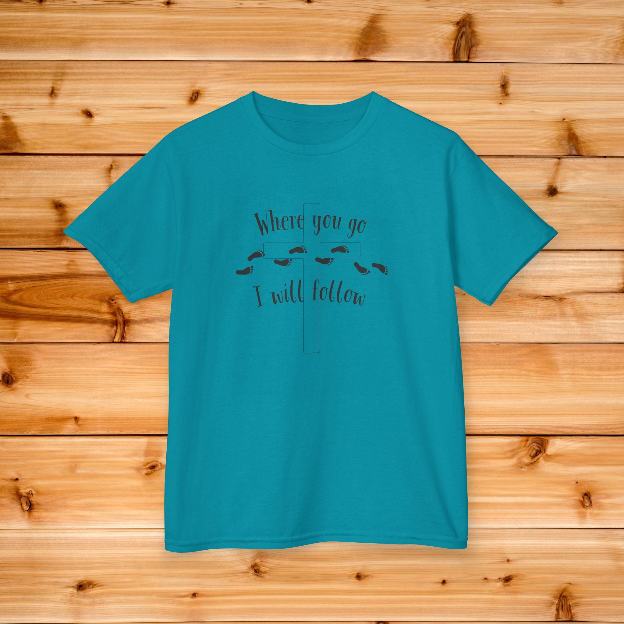 Kids Where You Go I Will Follow Tee, Youth Graphic Tshirt, Footprints design, Christian Kids Tee, Summer Camp Kids tshirt, Follow Jesus Tee