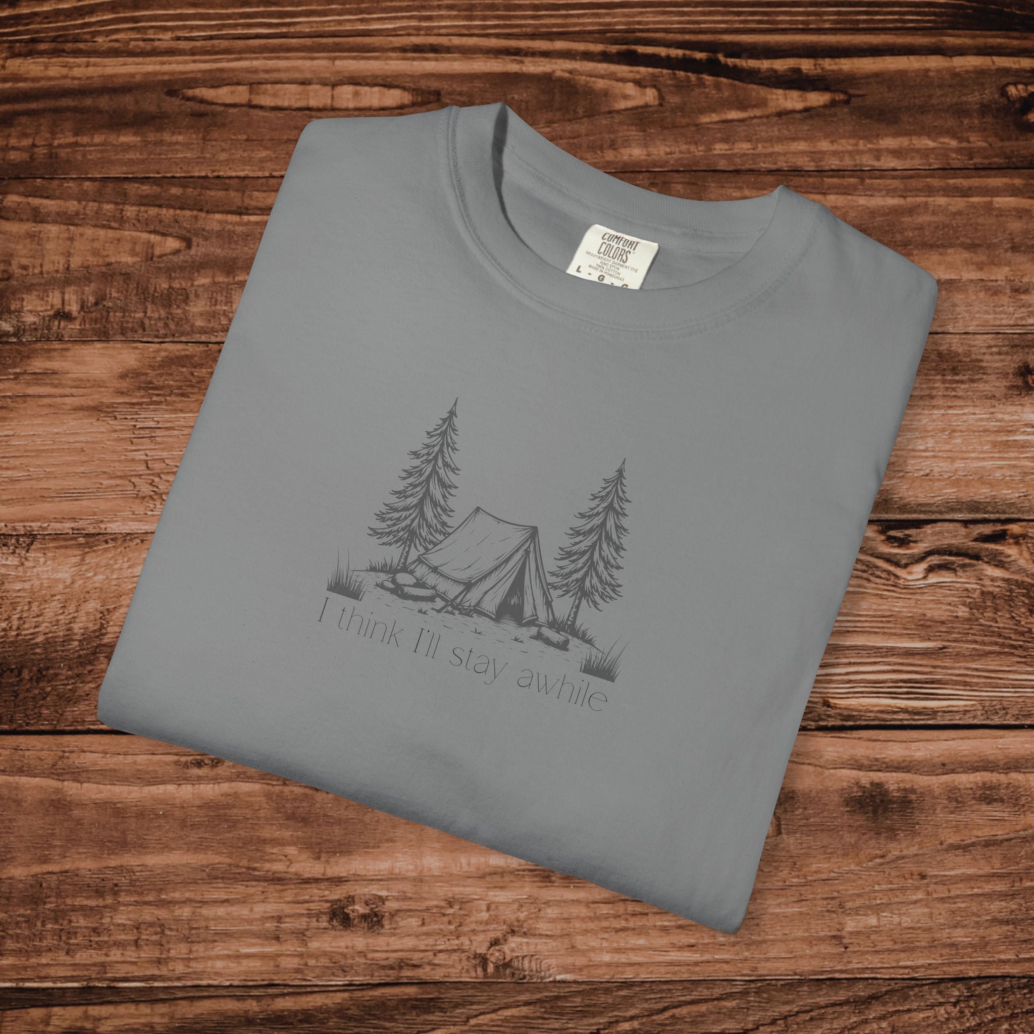 I think Ill stay for awhile, Soft Sketch Camping Tee, Minimal Camping Tent Illustration T-Shirt, Outdoors Tee, Nature Lover Scene Shirt